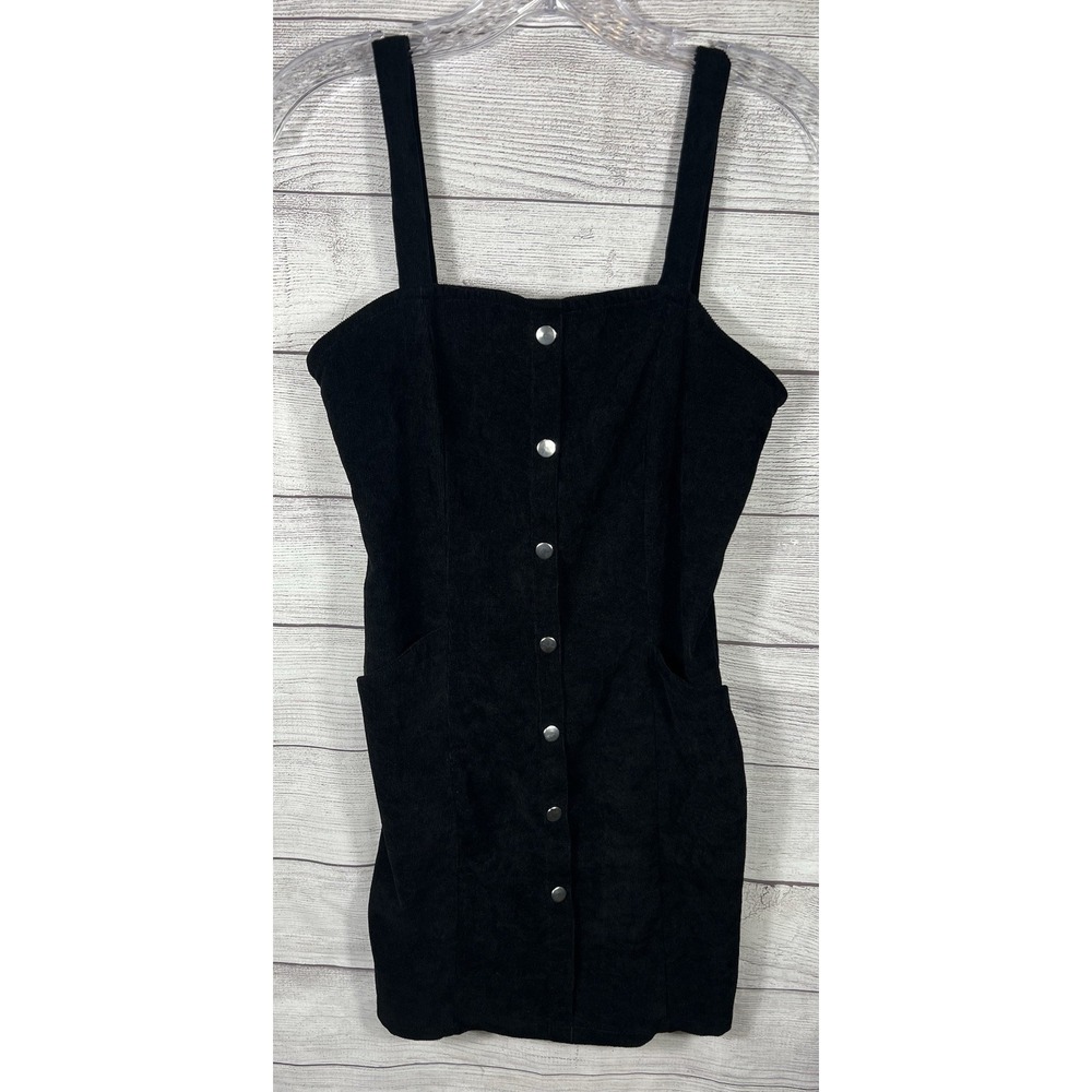 Vintage Y2K Women's Medium Black Corduroy Mini Dress Button Front Goth
